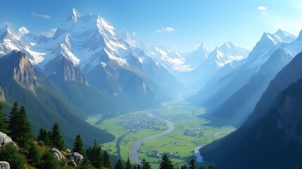Majestic Alpine Valley with Snow-Capped Peaks, Generative AI