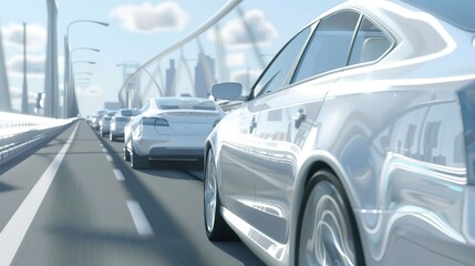 Obraz premium Sleek modern car seamlessly merging with another on futuristic highway, symbolizing technological integration and innovation in automotive design and transportation advancements.