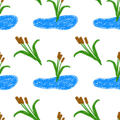 Playful hand-drawn seamless pattern featuring blue ponds and green cattails on a white background.