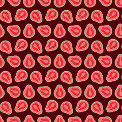 Guava flat seamless pattern on red background. Wrapping paper, gift card, poster, banner design. Home decor, modern textile print. Summer bright geometric fruits patterned.
