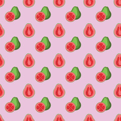 Guava flat seamless pattern on pink background. Wrapping paper, gift card, poster, banner design. Home decor, modern textile print. Summer bright geometric fruits patterned.
