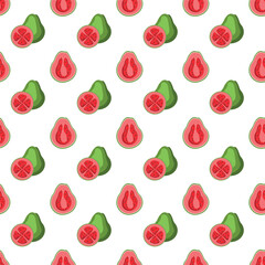 Guava flat seamless pattern on white background. Wrapping paper, gift card, poster, banner design. Home decor, modern textile print. Summer bright geometric fruits patterned.
