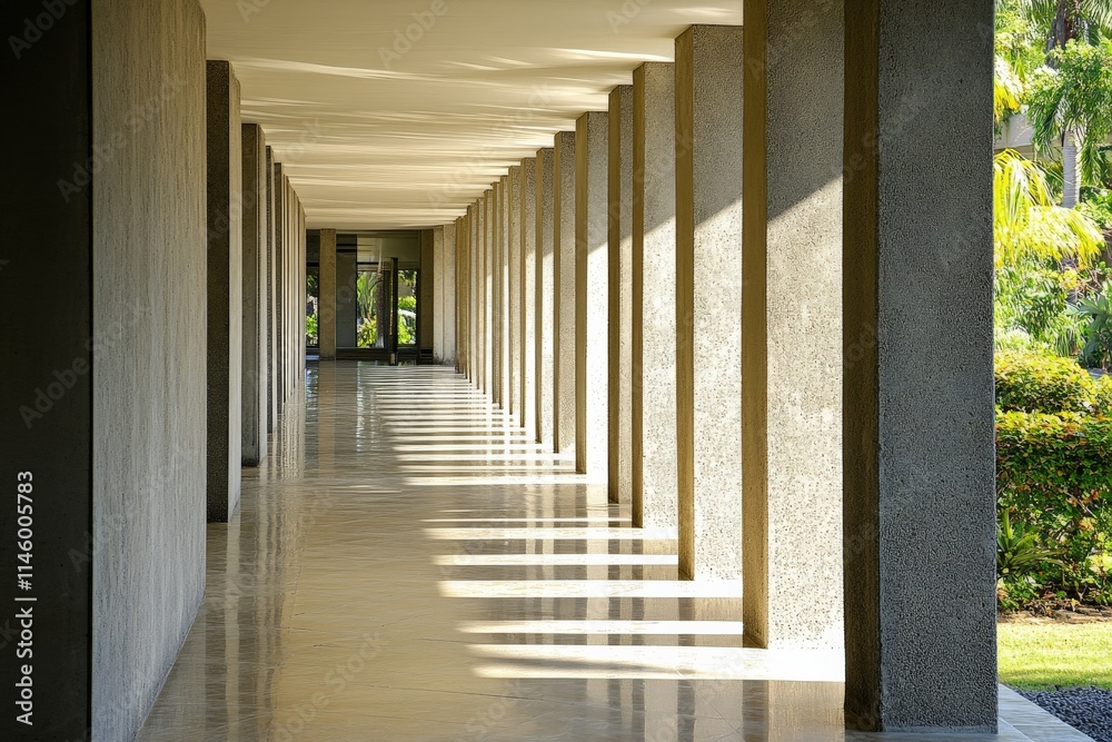 Poster an architectural corridor featuring tall arches with sunlight streaming through, casting geometric s