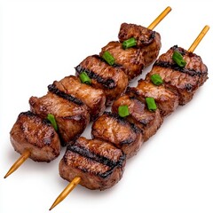 A photostock of grilled meat skewers with visible smoke and seasoning, isolated on a clean white background, bold and appetizing, High Quality