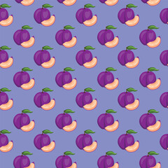 Plum fruit flat seamless pattern on blue background. Wrapping paper, gift card, poster, banner design. Home decor, modern textile print. Summer bright geometric fruits patterned.