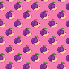 Plum fruit flat seamless pattern on pink background. Wrapping paper, gift card, poster, banner design. Home decor, modern textile print. Summer bright geometric fruits patterned.