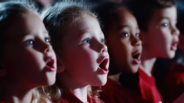 Group of kids singing together in harmony, ideal for education, music or family themes