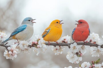 Obraz premium Three vibrant birds sit together on a tree branch, showcasing their bright plumage