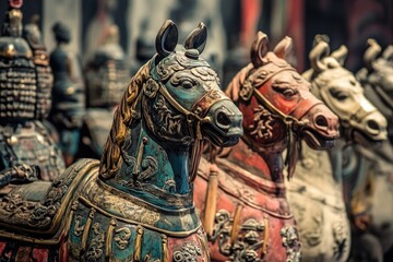 Close-up of wooden horses, perfect for decorative or artistic uses