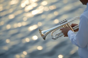 A lone trumpet player stands by the water at dusk, playing melodious tunes that drift across the tranquil scene, captured in a harmonious and serene moment.