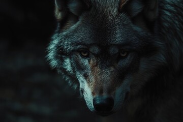 Fototapeta premium A stunning close-up of a wolf, its fur catching the light as it stares intently with intense eyes, showcasing the majestic nature of this powerful creature in the wild.