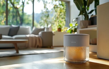 Smart Aroma Diffuser or Humidifier,  Glass and White Device on Contemporary Living Space Table, Natural Light Interior with Window Blinds and Outdoor View, For Home Decor and Wellness