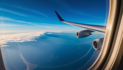 Aerial view of sunrise through airliner window in the morning. Aerial view of Cloudscape in dawn through plane window. Travel and vacation concept