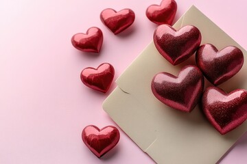 Fototapeta premium A bunch of shiny red hearts on a piece of paper, perfect for romantic occasions or Valentine's Day