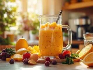 Fruit Smoothie, Colorful Liquid, Glass Pitcher, Kitchen Countertop, Natural Lighting, Commercial Use