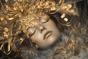 A close-up of a woman's face with gold flowers adornment on her hair, ideal for fashion or beauty related uses