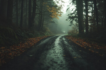 Fototapeta premium Wet asphalt road winding through a foggy autumn forest