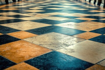 A busy walkway on a tiled floor, people moving in different directions