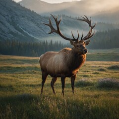 A majestic elk standing in the misty morning light of a serene mountain meadow.