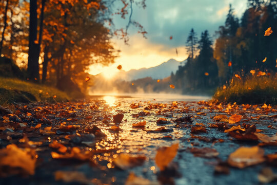 Fallen autumn leaves floating on misty river at sunrise