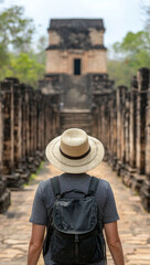 Exploring ancient ruins with backpack and straw hat