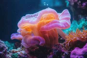 Obraz premium Vibrant pink and orange coral growing underwater on reef