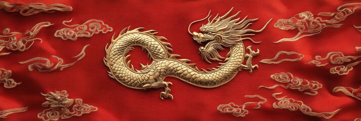 Obraz premium A vibrant red fabric featuring an intricately embroidered golden dragon amidst stylized clouds, symbolizing power and strength.