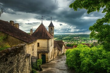 A quiet cobblestone street with a beautiful church steeple in the distance, perfect for travel or architecture images