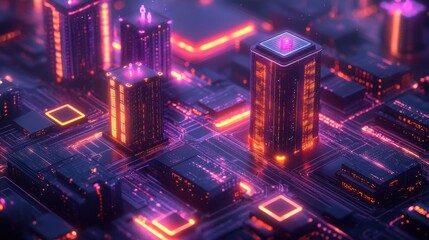 Fototapeta premium Futuristic cityscape with neon lights and circuit board design