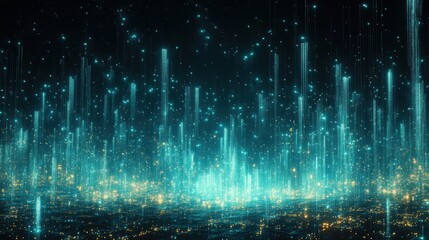 Futuristic cityscape with glowing dots and lines illuminating a digital skyline