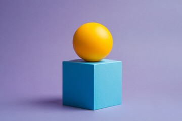 A yellow ball is sitting on top of a blue cube