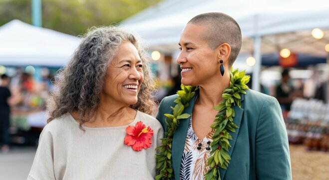 Fototapeta Intergenerational bonding at a vibrant outdoor market featuring native hawaiian women