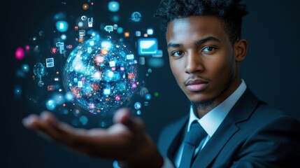 A man is holding a ball that is surrounded by many icons. Generative AI