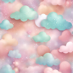 Obraz premium A soft and dreamy cloud pattern featuring pastel colors and sparkling accents, creating a whimsical atmosphere perfect for children's decor, textiles, and creative projects.