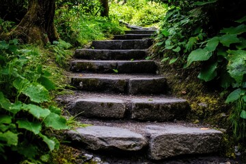 A natural path with stone steps leading up a hillside in a forest environment
