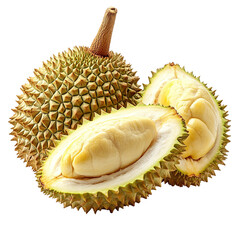Obraz premium Front view close-up of an extremely perfect looking single durian fruit cut in half isolated on a white transparent background