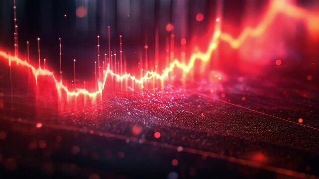 Red Hot Stock Market Surge: Abstract visualization of a dramatic stock market upswing, depicted with vibrant red and orange lines surging upwards against a dark background.