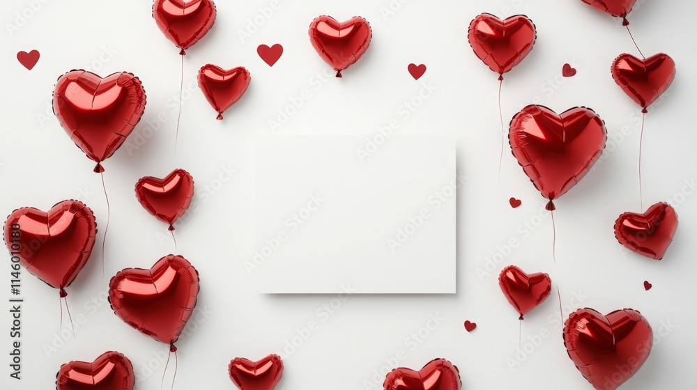 Poster heart-shaped balloons in vibrant red float against a plain background, creating a festive and romant