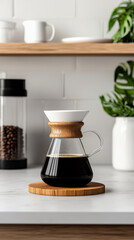 Freshly brewed coffee in stylish glass carafe on wooden coaster