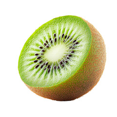 Front view close-up of an extremely perfect looking single kiwi fruit cut in half isolated on a white transparent background