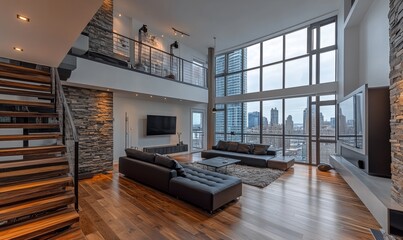 A large open living room with a view of the city