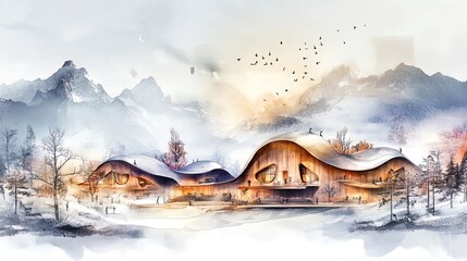 discover the solar-powered winter retreat: a modern minimalist escape in a snowy mountain valley - perfect poster for sustainable travel enthusiasts!