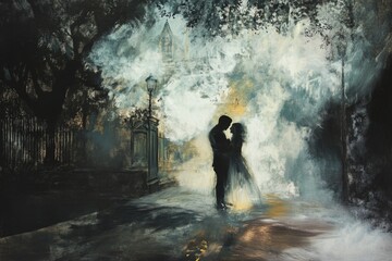 Fototapeta premium A pair of people standing together under an umbrella, getting wet in the rain