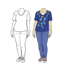 Standing female body wearing white jeans, color and black and white illustration