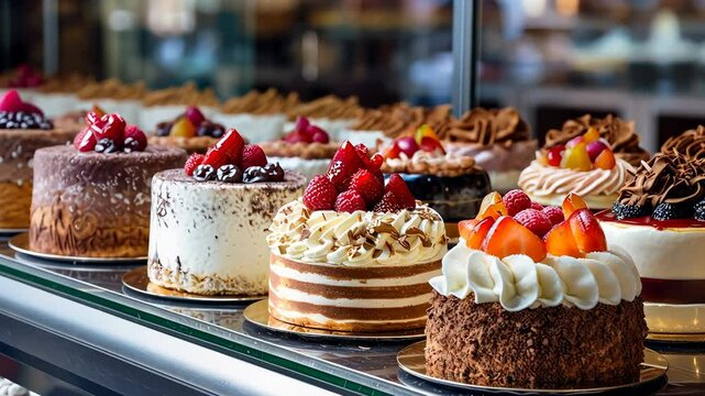 Delicious cakes with cream on display in a bakery close-up	
