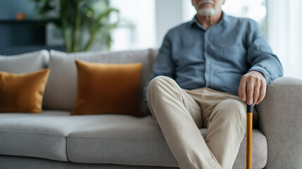 Close-up of mature man holding cane while sitting on sofa in bright minimalist living room