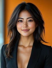 Fototapeta premium A woman in a suit is smiling for the camera