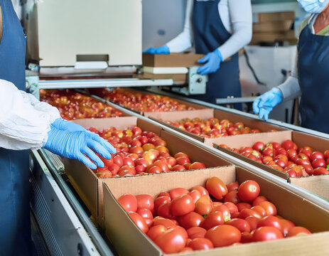 Trabajadores empacando tomates frescos en cajas de cart&oacute;n en una planta de procesamiento.