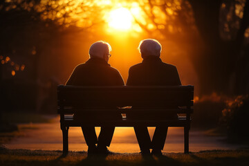 Obraz premium An elderly couple sitting closely on a simple wooden bench in a quiet park, with scattered autumn leaves on the ground
