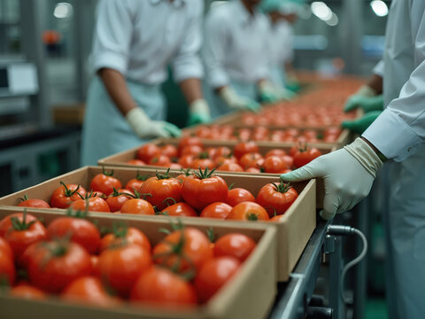 L&iacute;nea de trabajadores empacando tomates frescos en cajas de cart&oacute;n en una f&aacute;brica moderna.